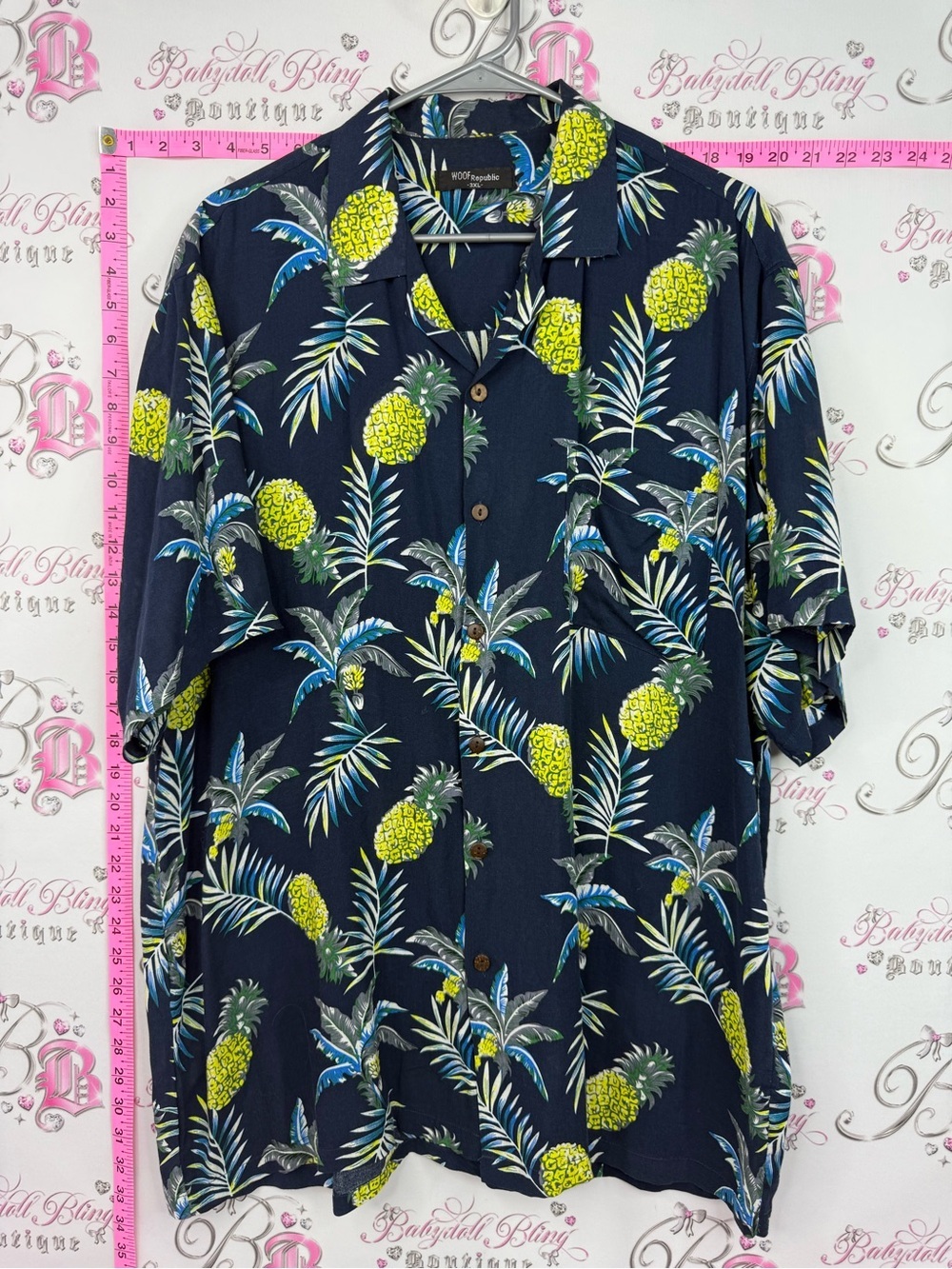 WOOF REPUBLIC SHIRT Tropical Pineapple Print Camp Shirt - Navy
